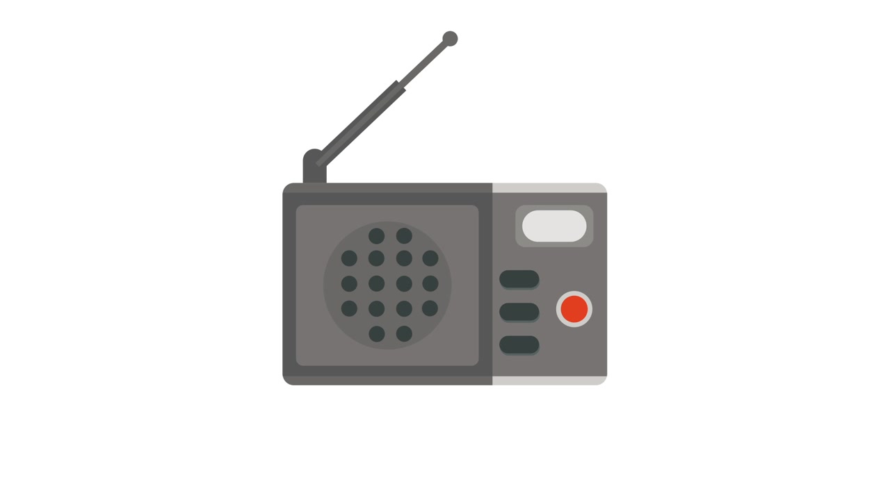 Animert radioikon med uttrekkbar antenne på hvit bakgrunn