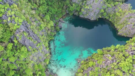 aerial of limestone karst scenery and turquoise ocean water in coron island, palawan, philippines