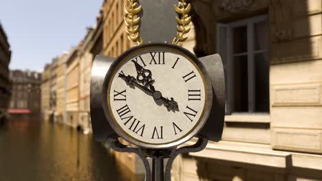 3d animation showing a public street clock on a european street with river or flooded street in the background