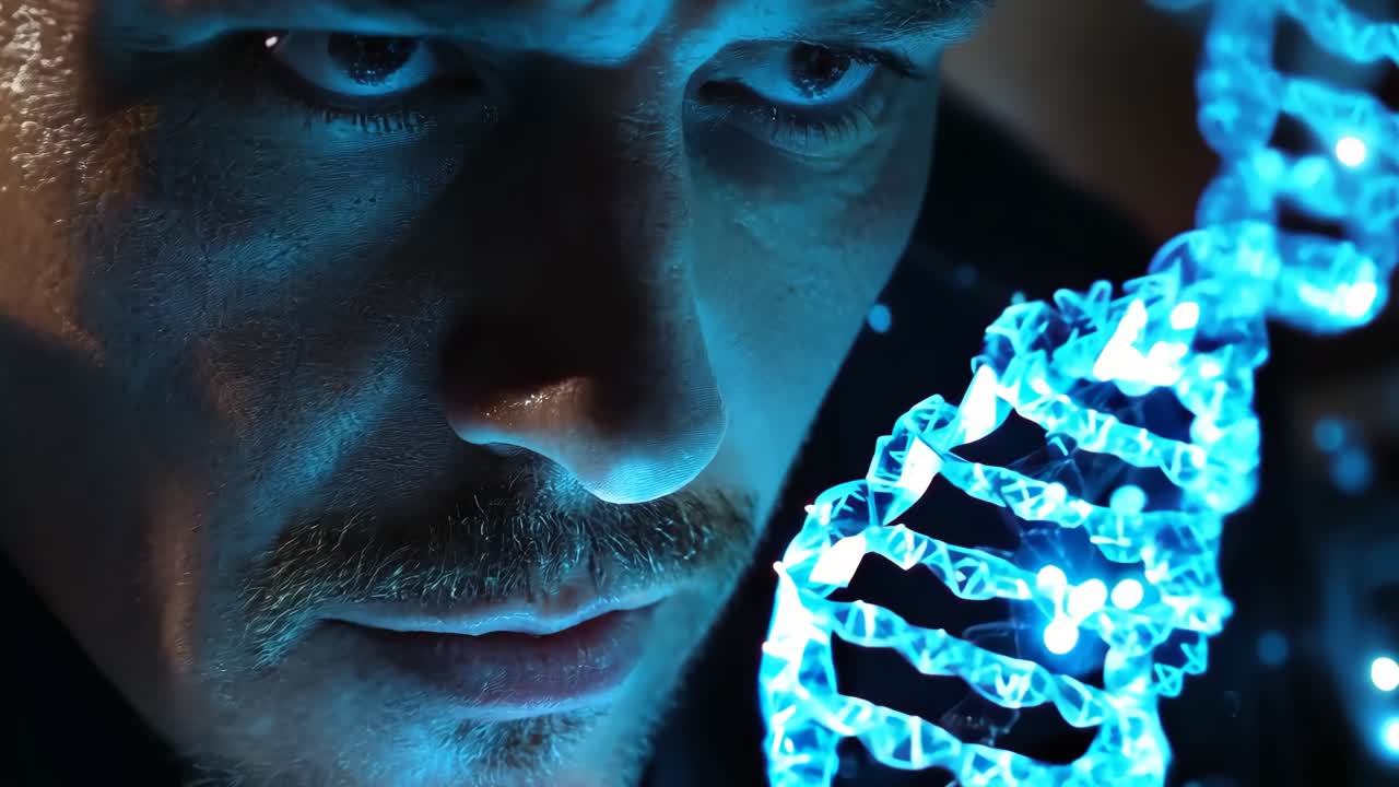 Un uomo che guarda un filamento di DNA davanti al suo viso