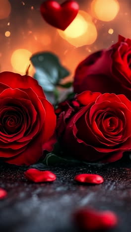 red roses on a wood table. red roses with green leaves sit on a wooden table surrounded by heart-shaped decor and soft, warm lights.