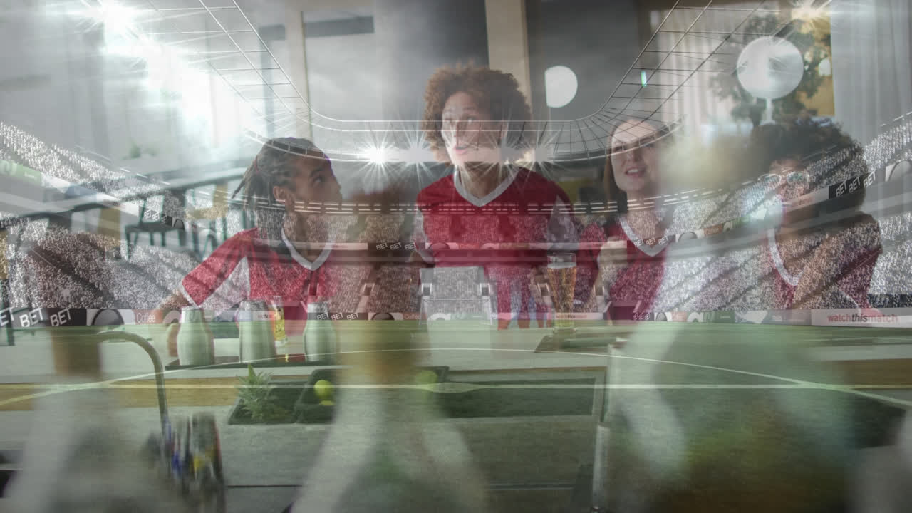 바에서 경기를 보는 축구 셔츠를 입은 다양한 친구들 위에 스포츠 스타디움의 애니메이션