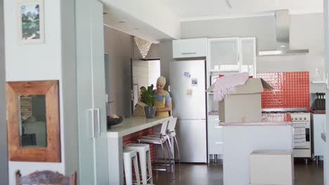 Happy-biracial-woman-walking-with-carton-with-plant-at-home-in-slow-motion