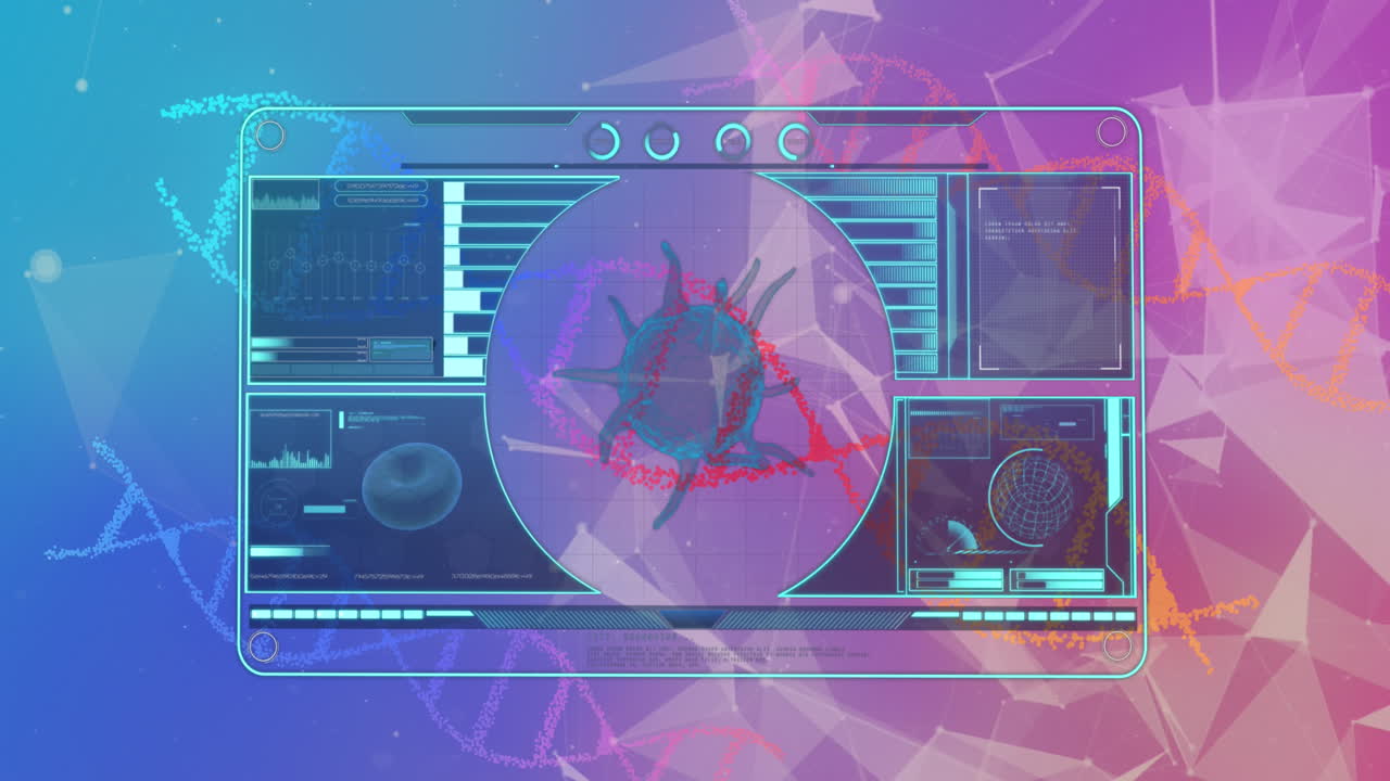 animación de la célula de covid 19 y procesamiento de datos en pantalla digital sobre cadenas de adn girando