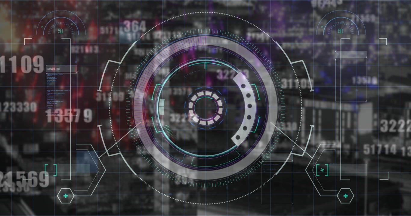 Round scanner and multiple changing numbers against cityscape at night