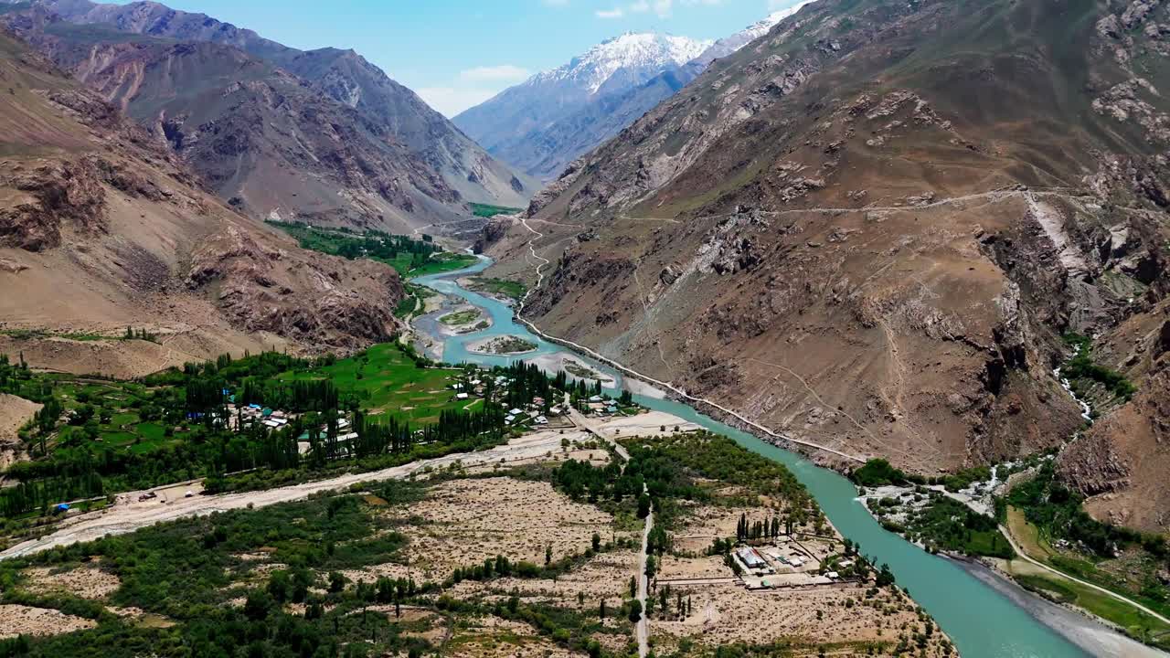 Aerial view of the Wakhan Valley, showing the river that forms the natural border between Tajikistan and Afghanistan