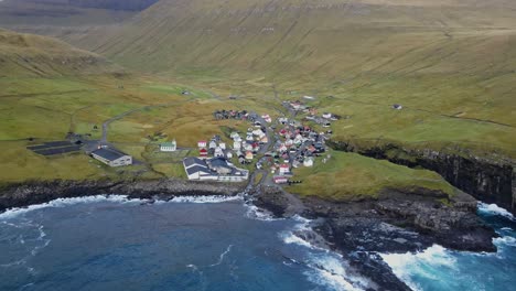 drone footage of the gjogv village on the eysturoy island in the faroe islands