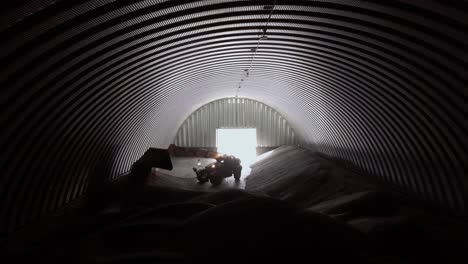 interior of a sunflower seeds processing factory with a loader moving seeds under a curved metal roof. industrial setting with natural light highlighting the workspace and equipment.