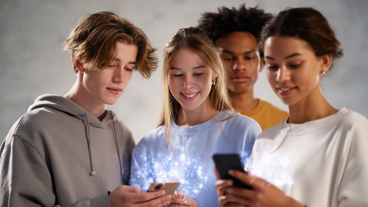 A Group of Young Friends Engaged with Their Smartphones, Sharing Excitement and Joy as They Explore Digital Content Together in an Informal Setting with a Soft Background