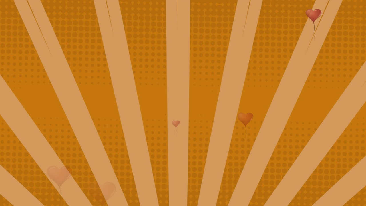 Animation of heart shaped balloons over rotating striped yellow background