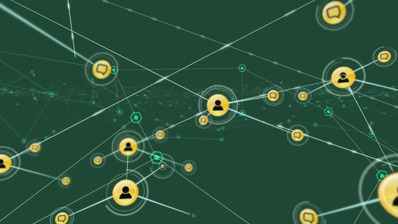 녹색 배경에 미디어 아이콘으로 연결 네트워크의 애니메이션