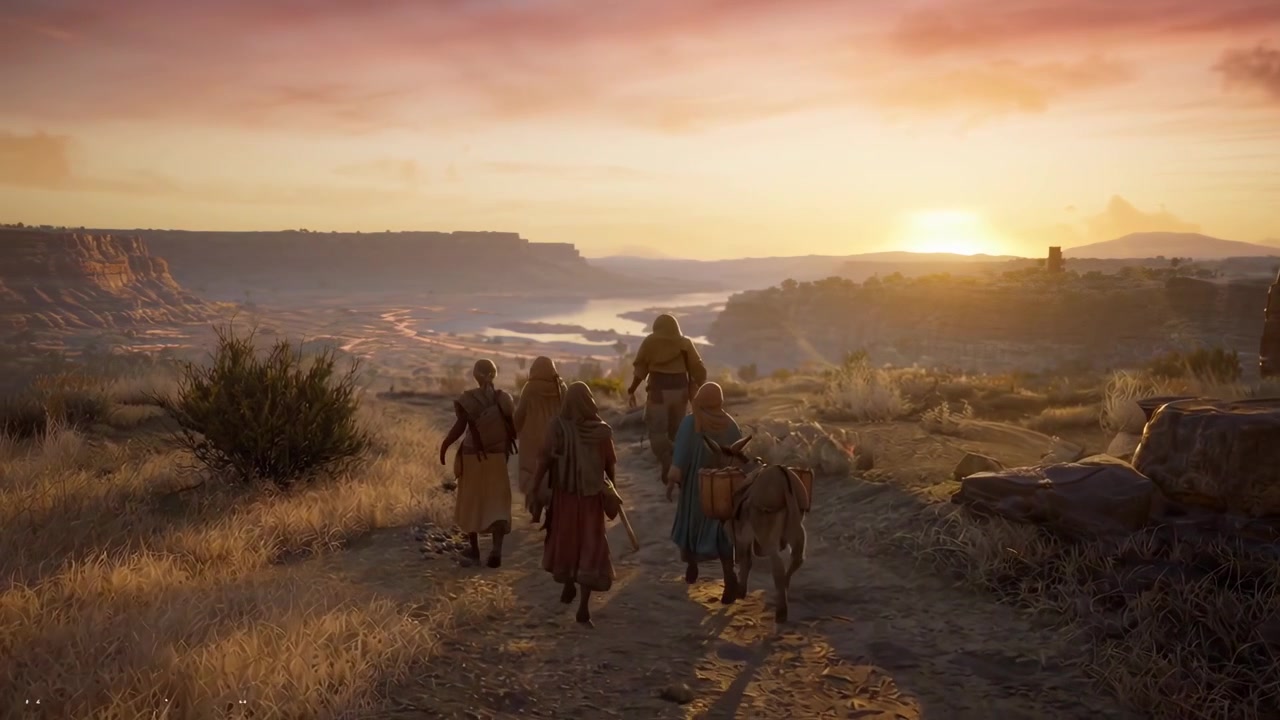 Group of People Walking with Donkey Through Desert Landscape at Sunset
