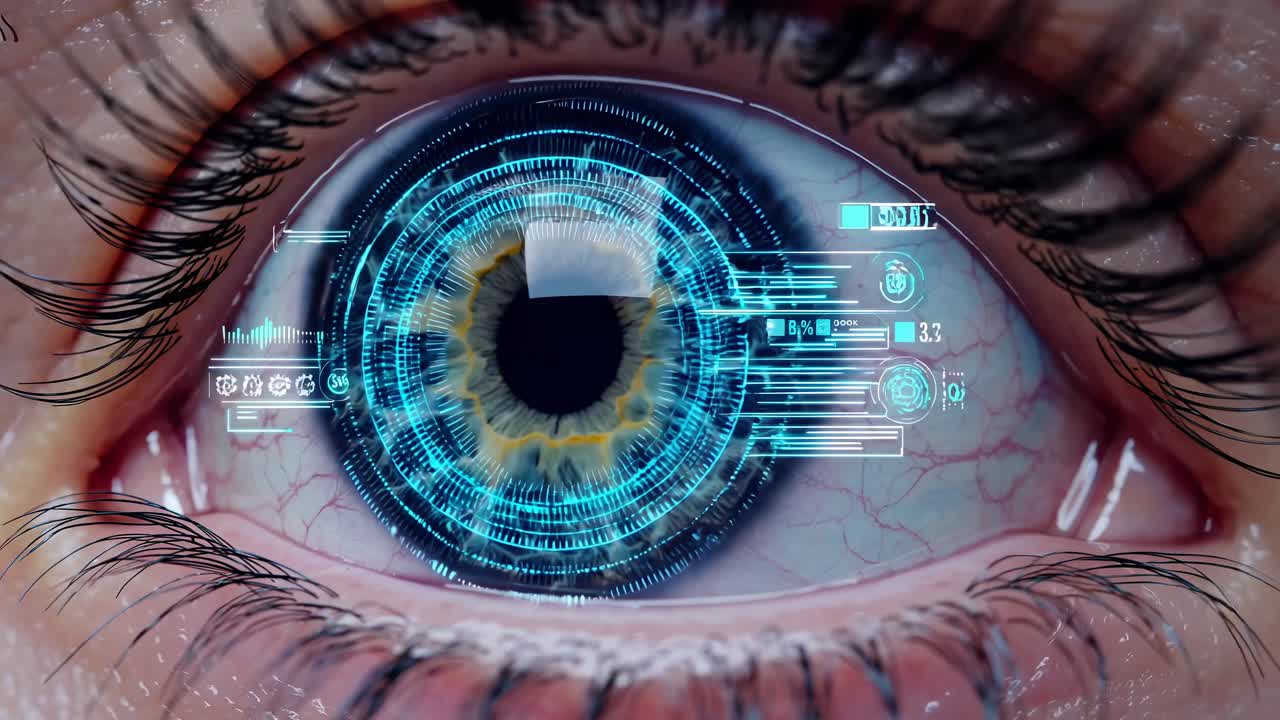 Close-up video of a human eye with digital HUD overlay, showcasing futuristic technology