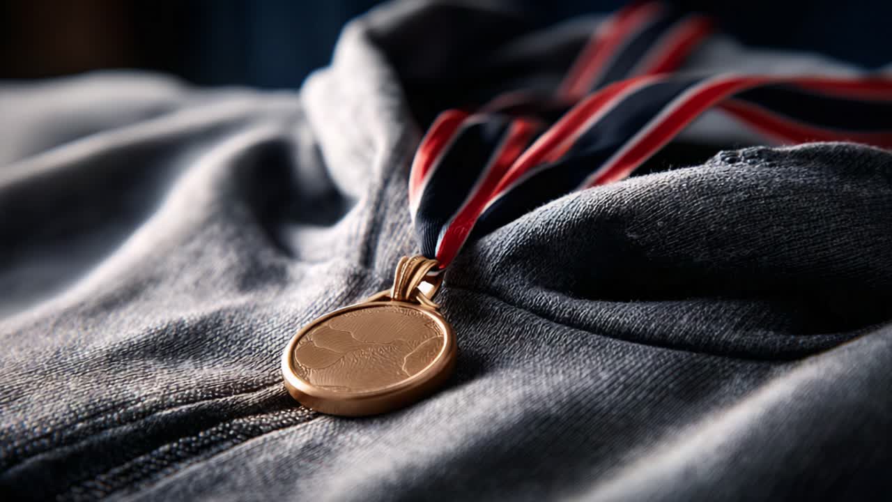 Una luccicante medaglia d'oro appoggiata su una felpa morbida, emblema di successo e realizzazione, che celebra la dedizione, il lavoro e i successi atletici con orgoglio