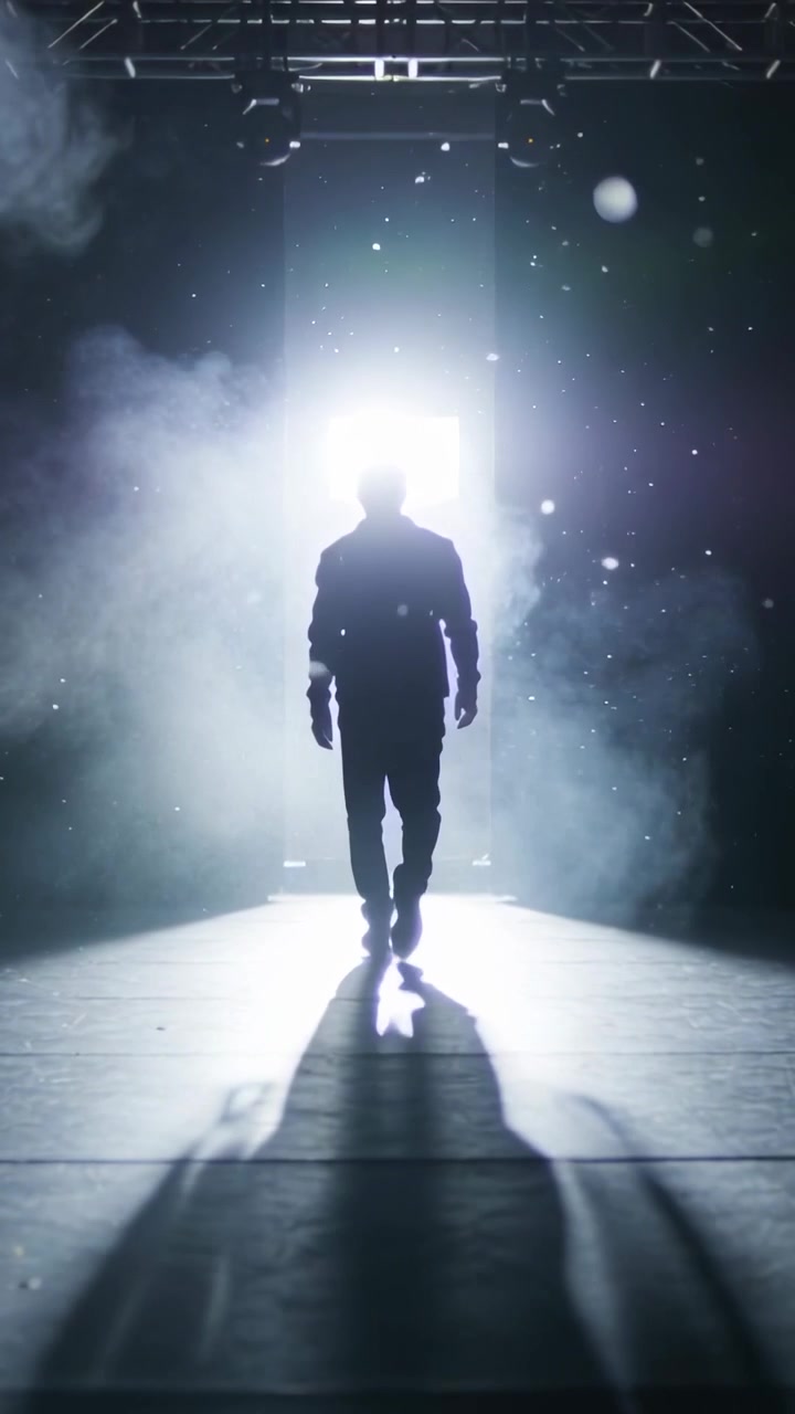 Vertical video: Fog machine activating, man in fitted jacket walking runway toward bright backlight