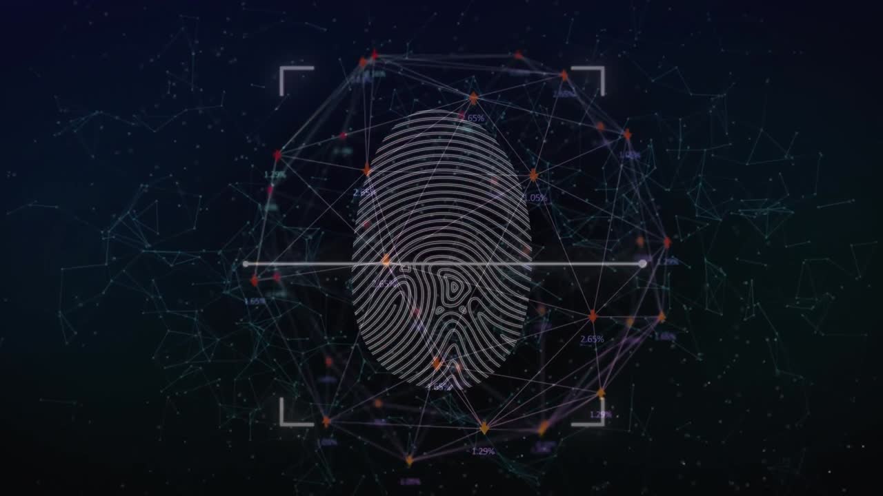 escáner biométrico de huellas dactilares y red de conexiones contra fondo negro