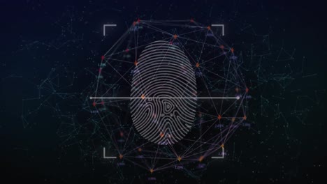 Biometric-fingerprint-scanner-and-network-of-connections-against-black-background