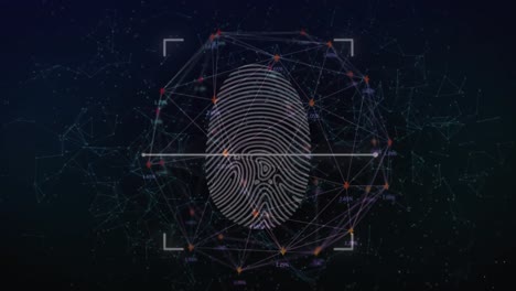 biometric fingerprint scanner and network of connections against black background