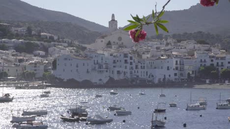 beautiful church in coast town, costa brava, spain, boats in the ocean, flower in the foreground, static shot