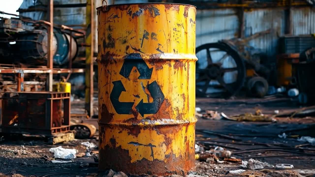 재활용 기호가 새겨진 노란색 배럴