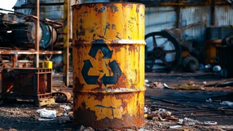 a yellow barrel with a recycling symbol on it