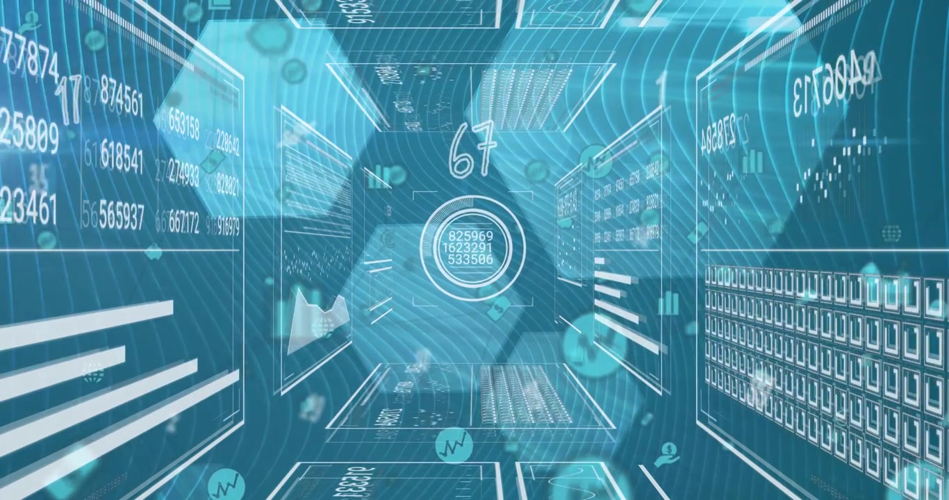 Animation of numbers over interface with data processing against hexagonal shapes on blue background