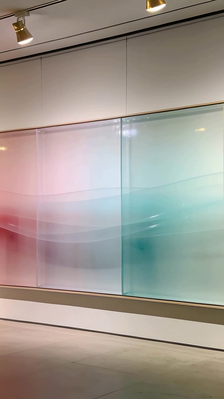 Video verticale: Mostrando un trittico di vetro in galleria, persona che attraversa a sinistra facendo svanire una macchia rosa