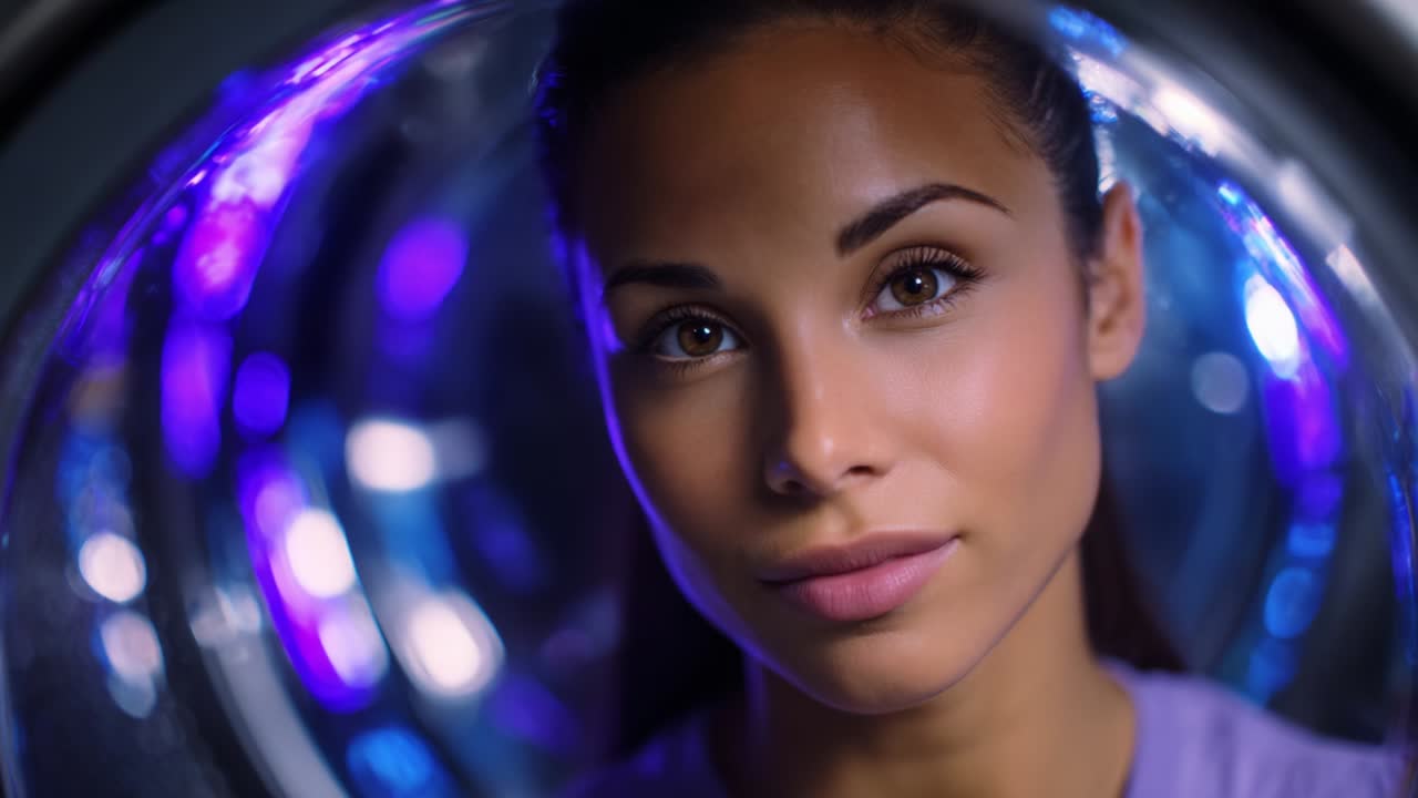 Captivating Close-Up of a Young Woman Illuminated by a Swirling Mix of Cool Purple and Bright Blue Light, Showcasing Her Effortless Beauty and Engaging Expression Through an Abstract Lens Effect