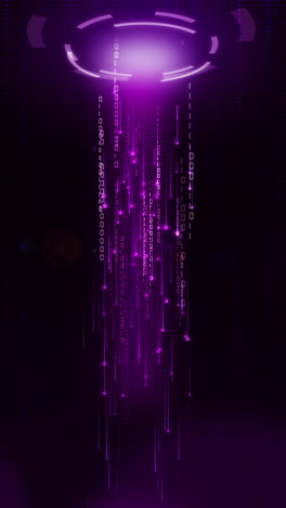 technological hi-tech purple background with round hud element. moving bright rays of light with digital binary code. looped animation. vertical video.