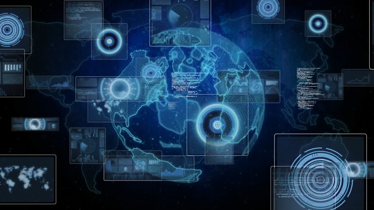 Composition of data processing on screens over globe and world map