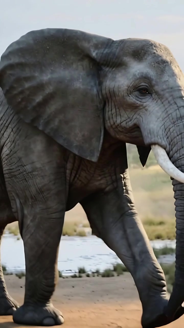 Vídeo vertical: Revelando elefante africano adulto a caminhar em direção à água num pântano, câmera a recuar
