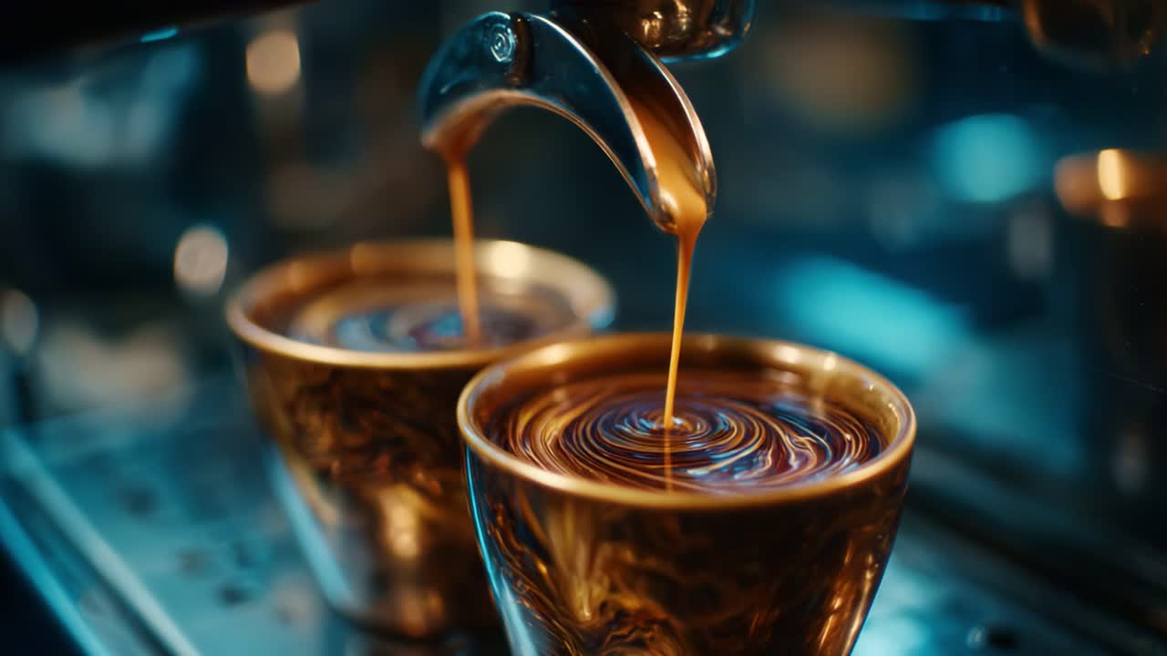 A Close-Up of Two Rich Espresso Shots Being Poured from a Coffee Machine, Capturing the Perfect Swirls of Dark, Creamy Liquid and the Art of Coffee Crafting