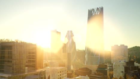 city skyscrapes with lense flairs at sunset