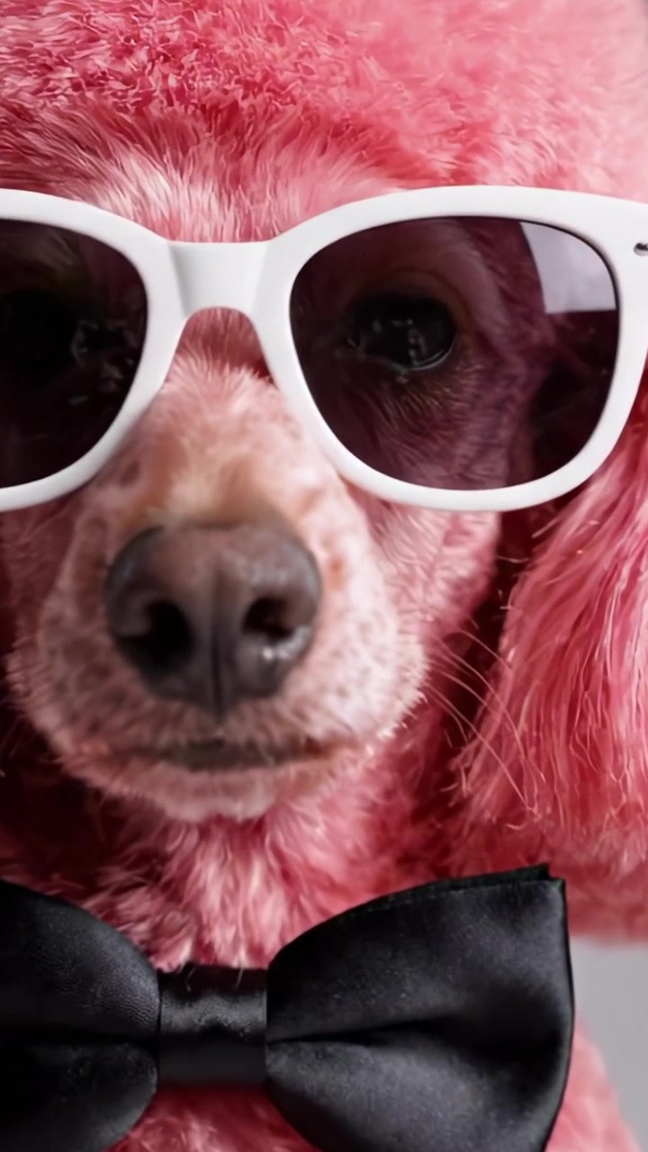 Stylishly Dapper: A Pink Poodle Showcasing Its Charismatic Personality with Sunglasses and a Bow Tie in Two Captivating Frames