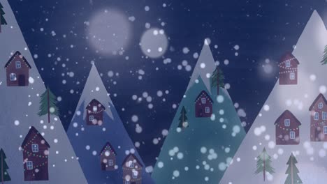 Animation-Von-Weißen-Flecken-Und-Schnee,-Der-über-Die-Winterlandschaft-Fällt,-Mit-Kopierraum