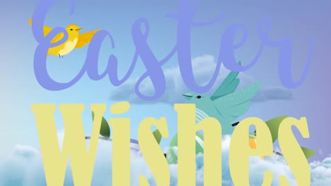 Animation-of-easter-wishes-text-with-two-flying-birds-on-blue-sky