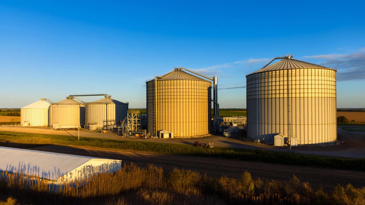 Five large cylindrical metal silos plus two smaller domed tanks stand aligned on flat farmland during dusk, closest structures dominating right side with conveyor chutes, catwalks, rooftop details
