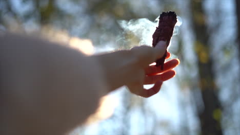 smudging sage by holding up a small smoldering bundle of sage to purify the area and promoting physical, emotional and mental health - slow motion