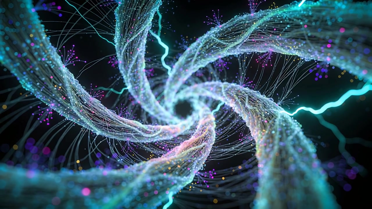 Vortice a spirale intrecciato che ruota e si stringe verso il centro in CGI, con fotogrammi che guidano la rotazione interna e particelle.