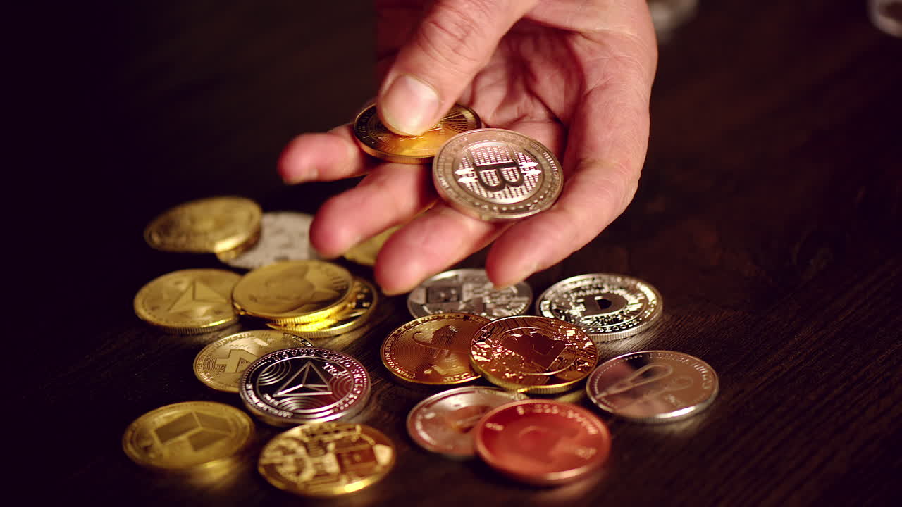 Man hand holding crypto coins and golden bitcoin on a table
