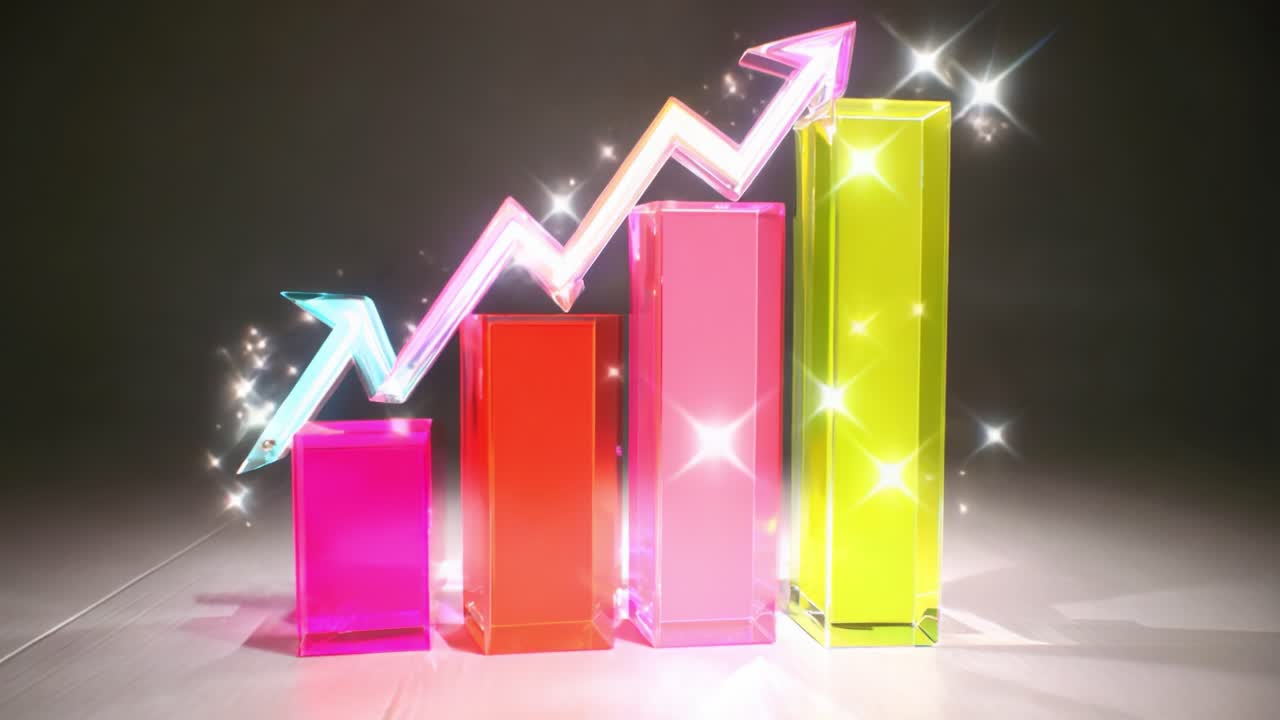 Dynamic Growth Visualization: A Colorful Bar Graph with Ascending Trendlines Representing Success and Progress in Business Metrics, Showcasing Vibrant Colors and Sparkling Effects