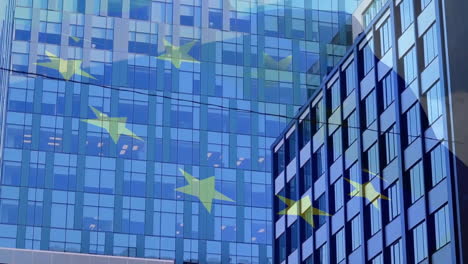 animation of flag of uk and eu over modern office building