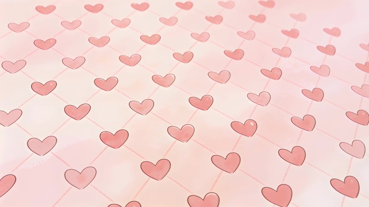 Pulling back camera revealing repeated pink heart motif extending in diagonal grid on pastel plane