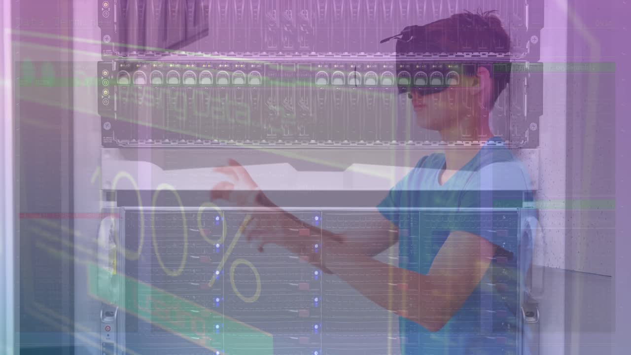 Animation of data processing over caucasian boy wearing vr headset against computer server