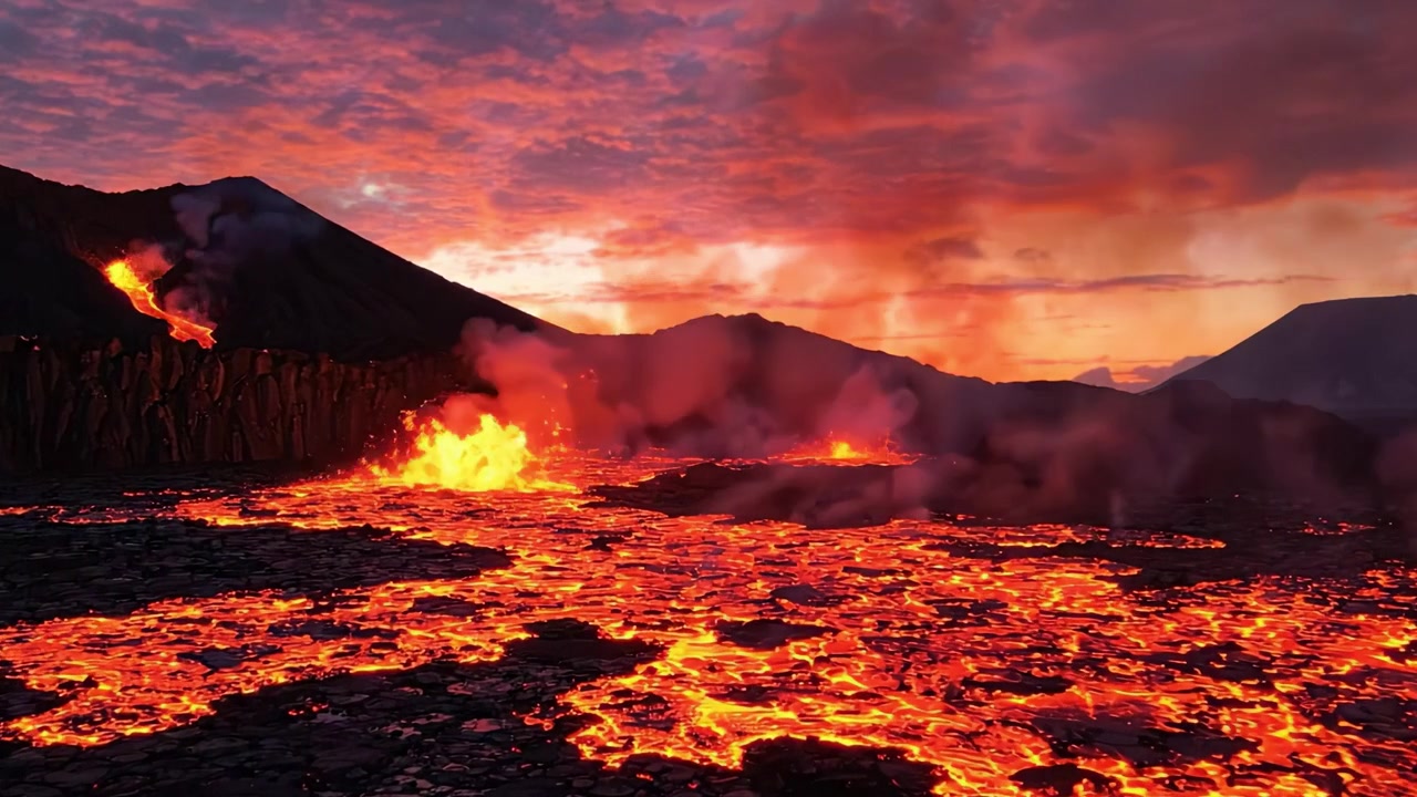 Uno spettacolo mozzafiato della furia della natura: colate di lava ed eruzioni illuminano il paesaggio al tramonto in un terreno vulcanico