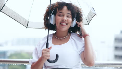 rain, happy and business woman in city with phone