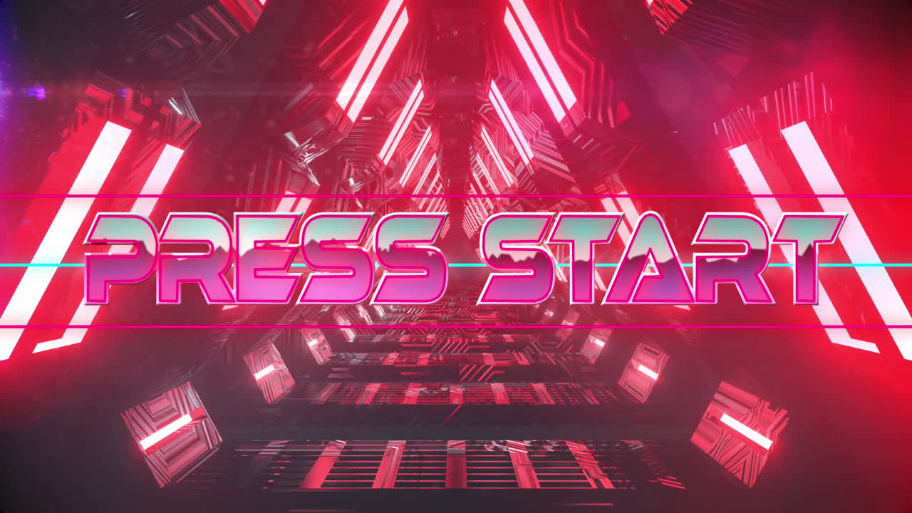 비디오 게임 화면을 시작하고 분홍색 삼각형과 반 ⁇ 이는 네온을 누르십시오.