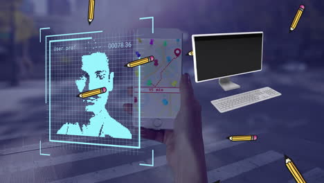 animación de personas e iconos de lápiz en la mano usando un teléfono inteligente