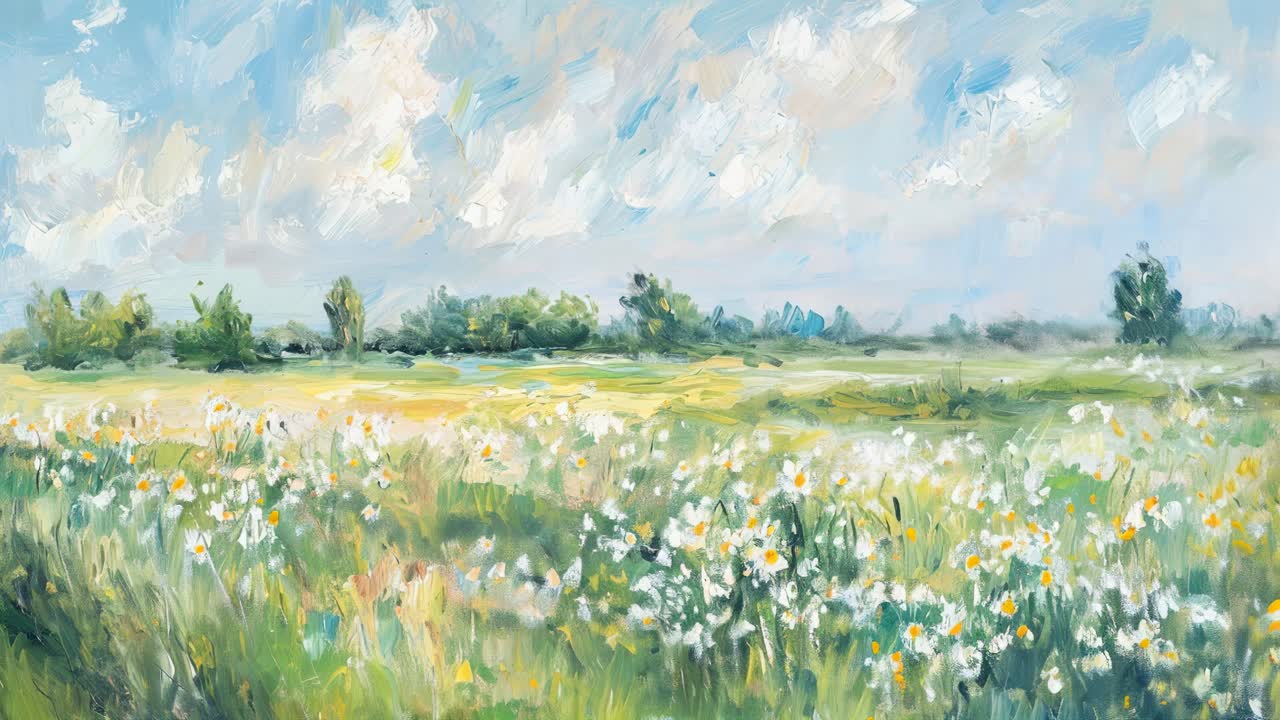 Impressionist landscape painting of a wildflower meadow under a blue sky