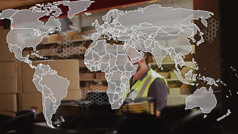 Warehouse worker operating forklift in logistics hub, showing digital world map with data hexagons